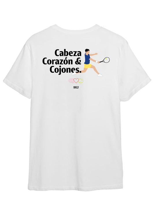 Camiseta "Cabeza, Corazón y Cojones" Blanca