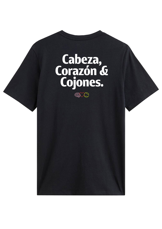 Camiseta "Cabeza, Corazón y Cojones" Negro